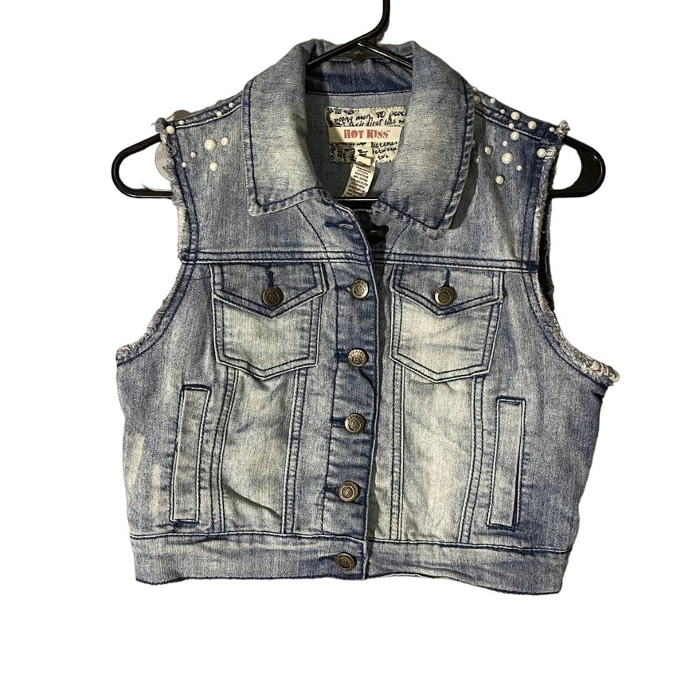 Hot Kiss Blue Denim Beaded Distressed Cropped Jean Vest Women’s Small